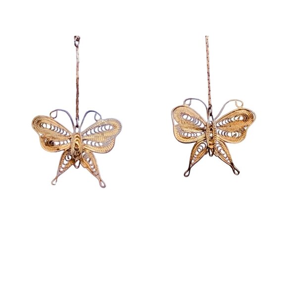 Vintage 1970s Gold Tone Cannetille Filigree Butterfly Drop Dangle Stud Earrings - Picture 1 of 5